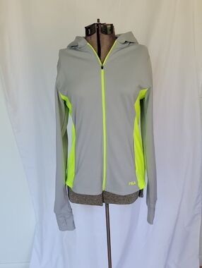 Fila "May" Front Zip Hooded Jacket. Medium, Gray/Green-Yellow